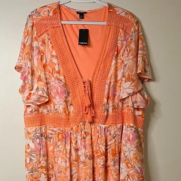 Torrid Womens Floral Coral Crinkle Gauze Lace Up Tea Length Midi Dress Size  4X is available for purchase on au PAY Market - Imported Goods Online Store  Co.Ltd. | au PAY Market -